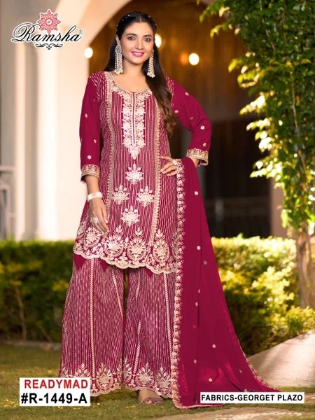 R 1449 A To D By Ramsha Georgette Embroidery Readymade Plazzo Suits